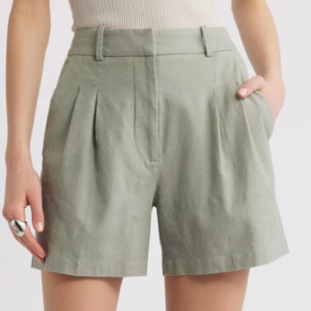 Nordstrom Open Edit Everyday Pleated Linen Blend Shorts Sage Green Size 10 - Picture 2 of 9